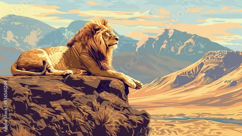 A vector illustration of a Lion at the habitat, lounging on a rocky outcrop