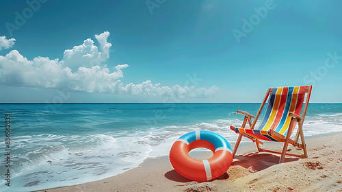 Summer Beach Vacation Ideas. Beach with a chair and an inflatable swimming ring, blue sky background