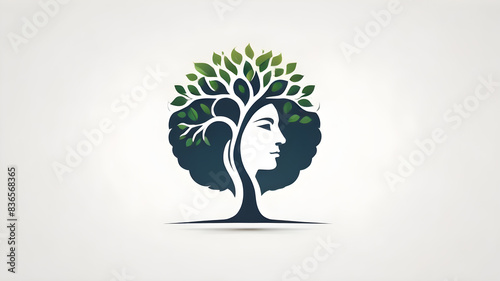 Abstract logo design, theme of psychology, prominent head shape, tree growing from head, symbolic brain Generative AI