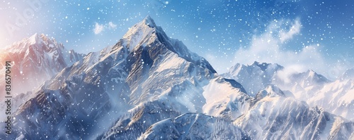 雪に覆われた険しい山と山脈、雪が舞う風景 