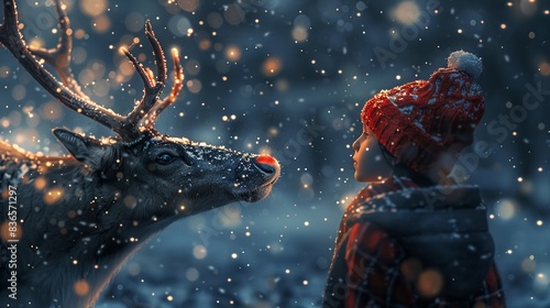 A reindeer with a red nose, surrounded by a halo of twinkling stars in the night sky