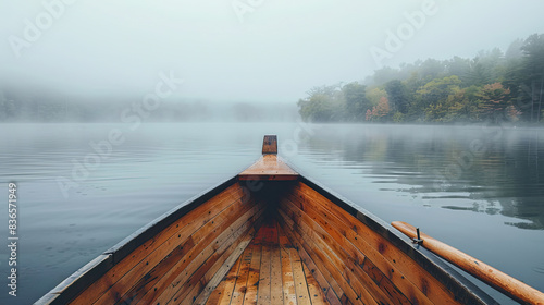 Wooden boat on the river in foggy morning