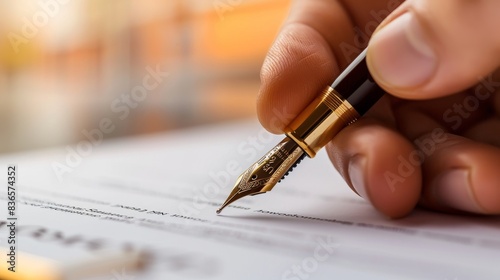 Signing lucrative business contract, close-up hand with fountain pen. Formal business contract with signatures and official documents.