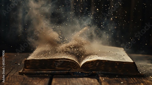 An image of a dusty, old book being opened, with particles flying off the pages