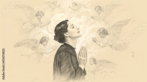 Biblical Illustration of Saint Gemma Galgani experiencing a mystical vision surrounded by angels, deep prayer, peaceful room, divine light, beige background, copyspace