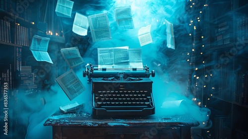 An antique typewriter surrounded by ghostly, floating pages of Edgar Allan Poes works.