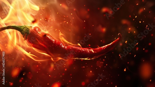 Fiery red chili pepper in flames close-up spicy food heat concept hot burning background