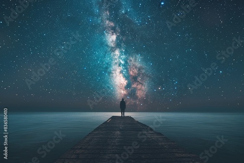 A lone fisherman casting his line off a wooden pier at night, with the Milky Way galaxy stretching across the sky above a calm ocean.