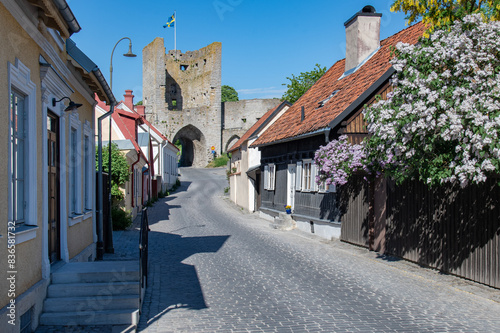 Narrow street in the historical old town in Visby, Sweden