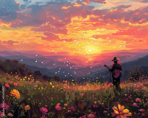 Design a picturesque landscape of rolling hills with a lone troubadour singing heartfelt folk songs, surrounded by blooming wildflowers, against a vibrant sunset backdrop