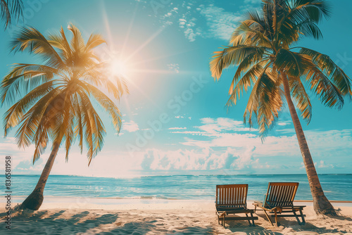 Tropical beach with palm trees and sunlounge chairs, summer vacation concept, generative by ai