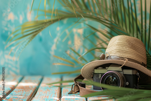 Vintage camera with a straw hat on a wooden table, blue background with a palm leaf, summer vibe, generative by ai