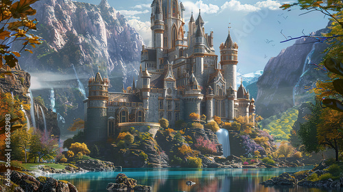 A majestic fantasy castle with towering spires and intricate details reflected in the water below