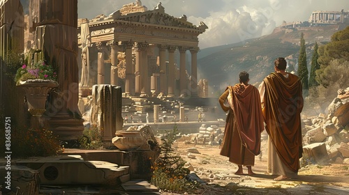 Ancient Greek Temple with People in Historical Setting