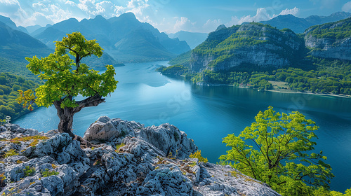 : Captivating scene of a mountainous landscape with a picturesque lake, highlighting the natural beauty of the environment