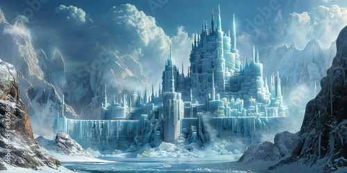  2d background Ice Castle A majestic ice castle with shimmering walls, ice sculptures, a frozen moat, and snowy mountains in the background