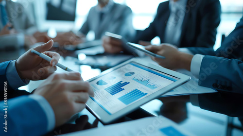 3D closeup of executives analyzing benchmarking data on a digital tablet during a meeting