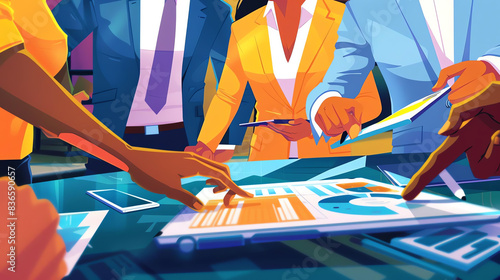 Cartoon closeup of executives analyzing benchmarking data on a tablet during a lively meeting
