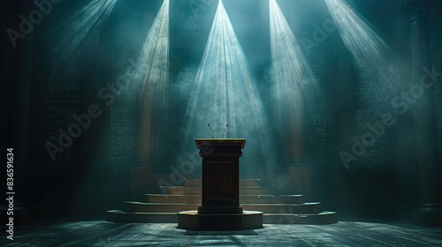 A lectern on a stage bathed in spotlights, ready for a captivating performance against a deep black background.