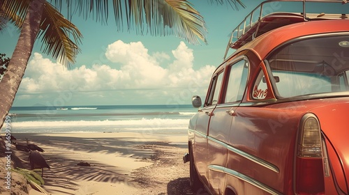 A vintage automobile with a surfboard on the roof is parked next to a tropical beach during a summer vacation. vintage hue impact. Generative AI