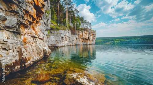 Lake landscape with cliff created by nature on the shore