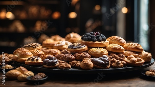 A bakery overflowing with various pastries on a black platter alongside a wooden table.