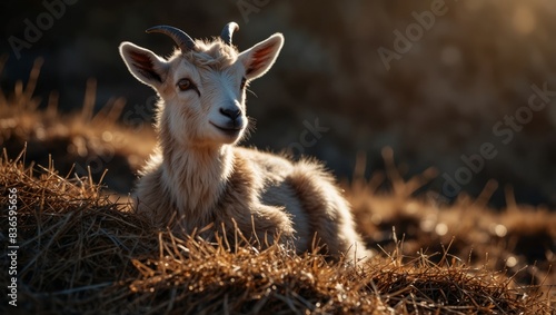 A baby goat rests atop a mound of dry grass, basking in the sun's glow above its head.