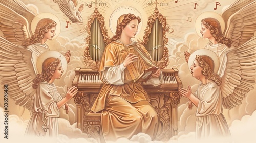 Saint Cecilia Playing Organ, Surrounded by Angels, Patron of Music, Biblical Illustration, Beige Background, Copyspace
