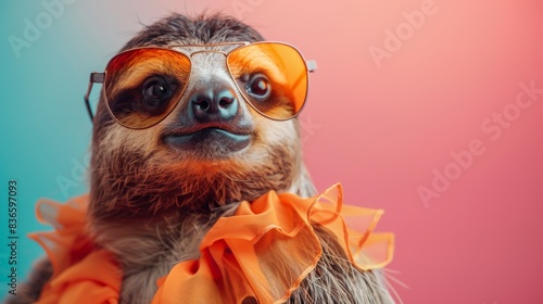 Cute sloth with orange sunglasses and ruffled collar against gradient background. Fun and quirky animal portrait.