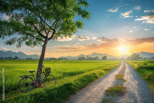 Bicycle on a background of a tree and a green field. Colorful landscape isolated. Without a person