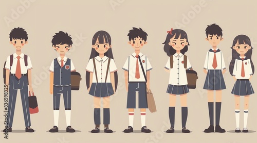 authentic school uniform poster flat design front view regional specificity theme animation vivid