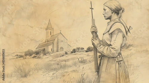 Saint Joan of Arc in Moment of Prayer Before Battle, Serene Church Background, Biblical Illustration on Beige Background