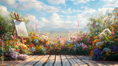 Scenic garden landscape with colorful flowers, painting easel, and clear blue sky, perfect for inspiration and nature lovers.