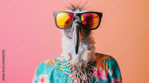 Funny bird wearing sunglasses and a tropical shirt on a colorful background. Humorous animal portrait for creative and whimsical concepts.