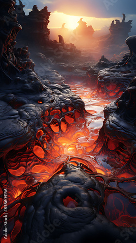 The eerie calm of a volcanic landscape, where lava flows have created natural sculptures, and the occasional steam vent or bubbling mud pool hints at the power lying just beneath the surface.