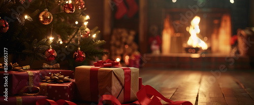 A pile of wrapped gifts under the Christmas tree, with a warm glow from an open fire in front of it. The background is dark and blurry, creating space for text or graphics on one side. There's no pers
