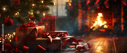 A pile of wrapped gifts under the Christmas tree, with a warm glow from an open fire in front of it. The background is dark and blurry, creating space for text or graphics on one side. There's no pers