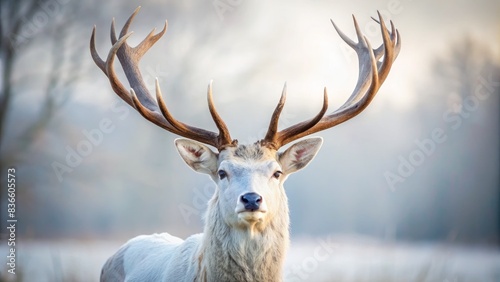 Majestic white stag with impressive antlers and thick fur, posing proudly against a blurred white background, showcasing its powerful build and serene expression.