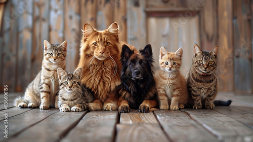 A group of cats and dogs sitting together on the wooden floor, with various colors of fur