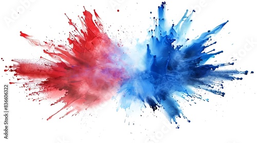 Red and blue color explosion on white background, striking and dynamic.