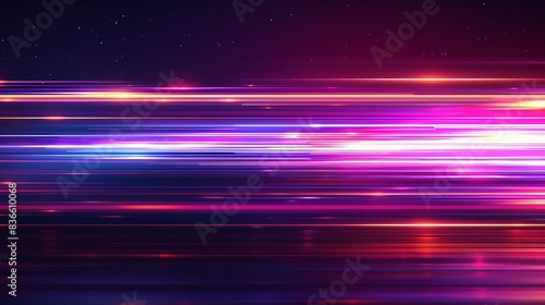 Futuristic abstract background with horizontal glowing stripes in purple and rainbow hues, symbolizing innovation and a nostalgic connection to the past