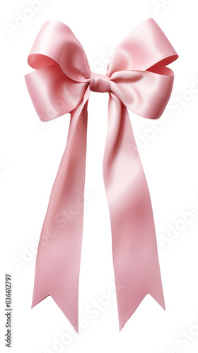 Elegant pink ribbon bow with long tails isolated on white background. Perfect for gift wrapping, decoration, and festive occasions.