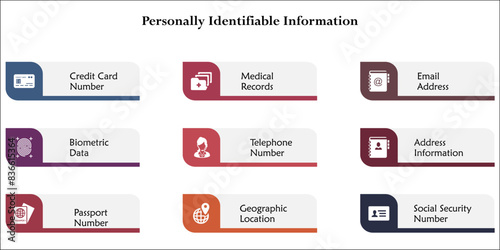 Eight Personally Identifiable Information. Infographic template with icons and description placeholder