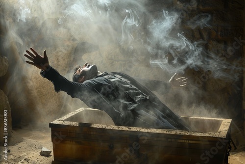 Vampire Rising Dramatically from Coffin in Dusty Crypt.