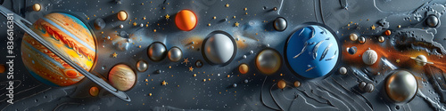 A striking 3D wall art installation of a solar system, with detailed planets and stars crafted from metal and acrylic.