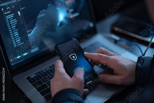 Data network security and privacy concepts. Merchants use smartphones and computers with cybersecurity technology to protect personal data and secure Internet access.