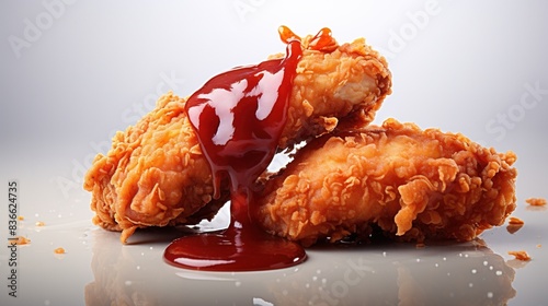 Fried Chicken piece dipping with tomato or ketchup sauce 