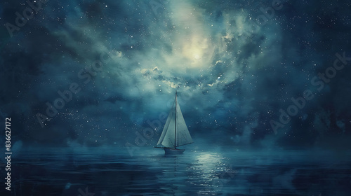 A small sailboat is floating on a calm body of water