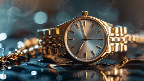 SchÃ¶ne goldene Armbanduhr mit Gliederarmband und Retro Stil als Produktfotografie, ai generativ.