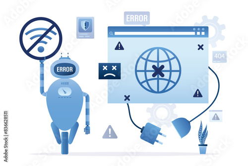 Robot holds a warning sign about wi-fi problem, disconnection. Browser window with plug pulled out of socket. Concept of server or chat bot error, website is unavailable
